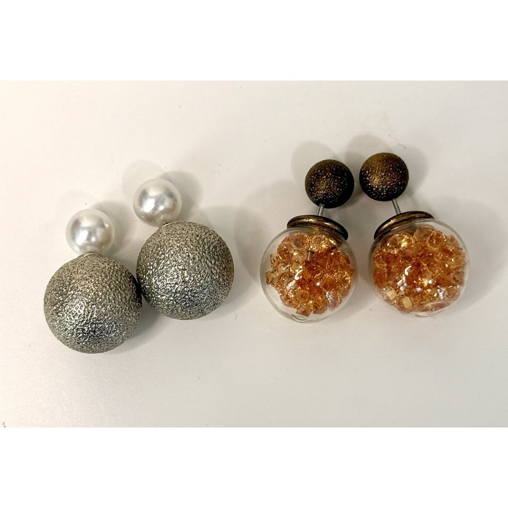 Two Pairs Double Sided Stud Earrings Faux Pearl Silver Ball Crystal Globe Gold